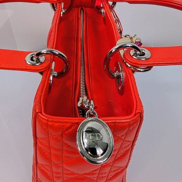 Dior Lady Dior Bright Red-Orange Quilted Lambskin and Charm - Picture 16 of 16